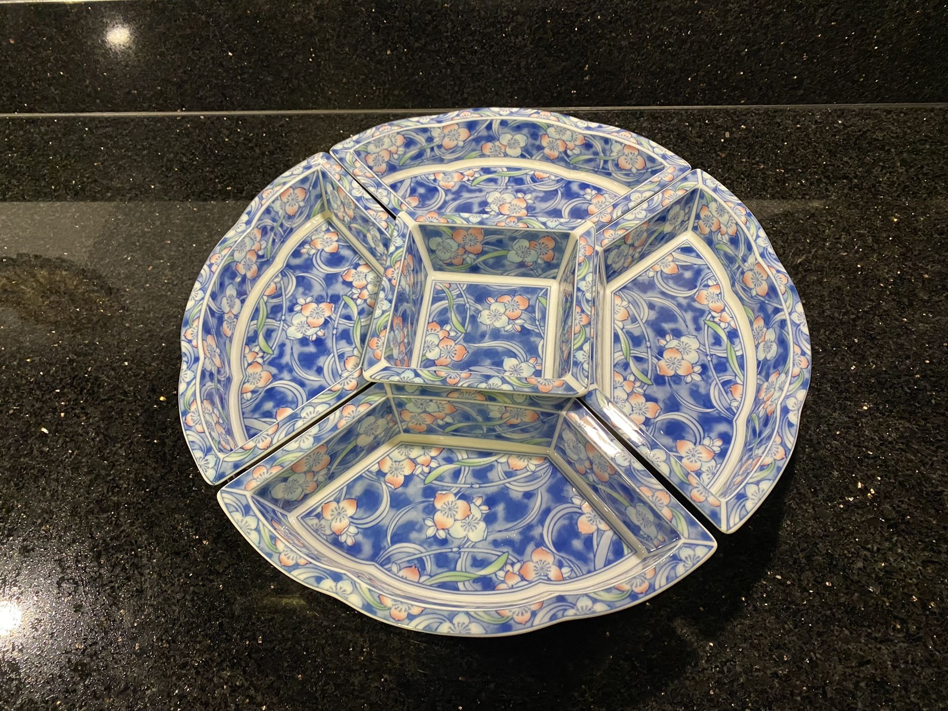 Vintage Japan Asian Blue White Floral Five Piece Ceramic Serving Tray Lazy Susan 14”