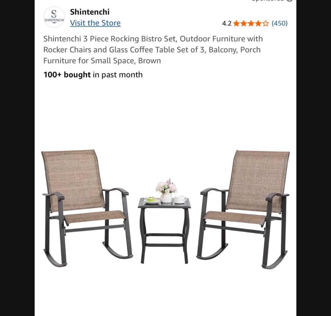 Shintenchi 3 Piece Rocking Bistro Set, Outdoor Furniture with Rocker Chairs and Glass Coffee Table Set of 3, Balcony, Porch Furniture for Small Space,