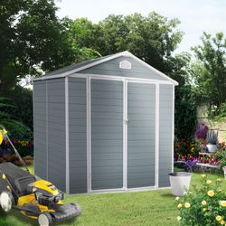 6 ft x 8 ft Resin Outdoor Storage, Plastic Garden Sheds with Floor and Lockable Door for Backyard, Lawn, Grey W540S00052)(W540S00021)