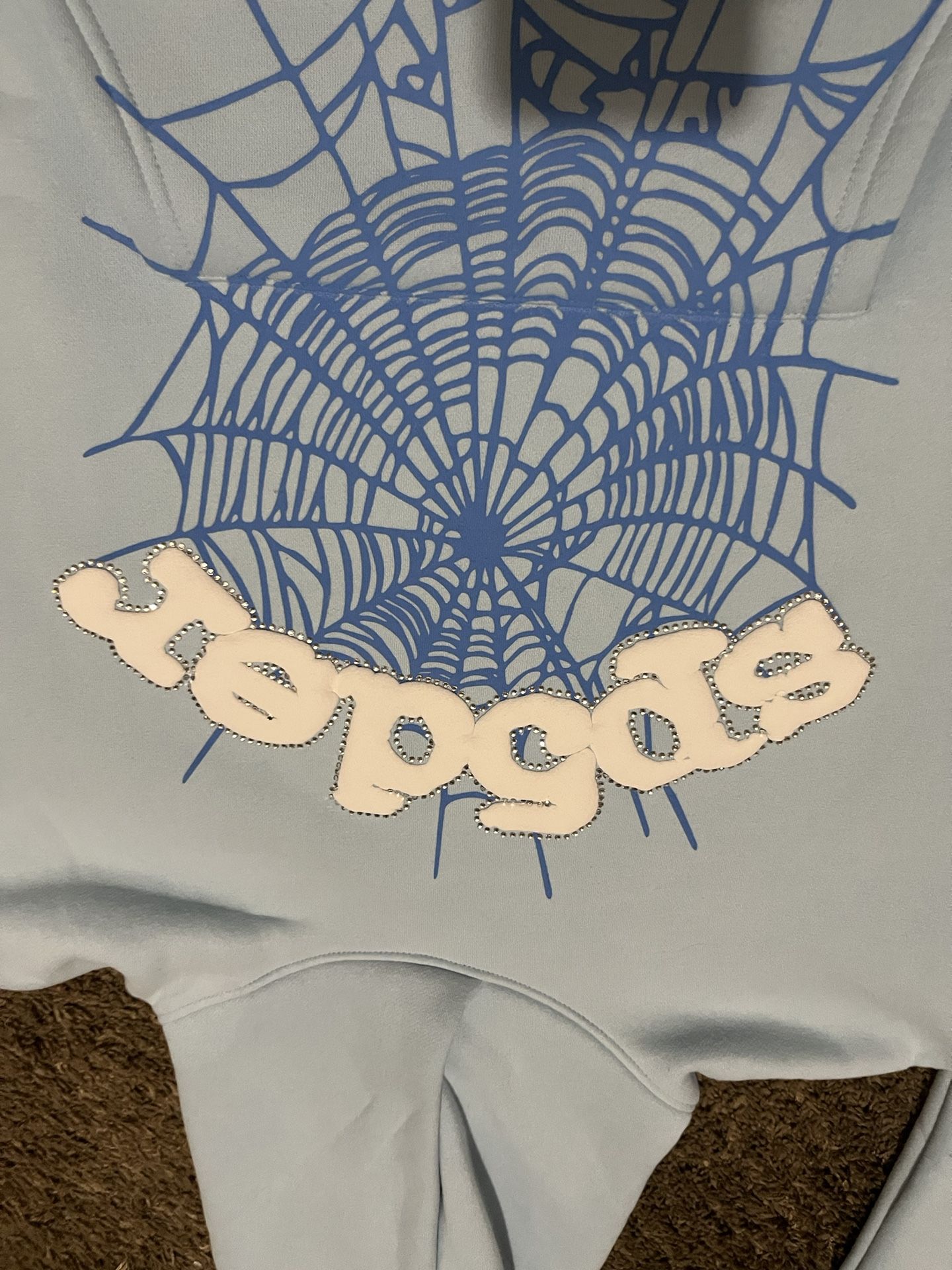 Brand new blue and white rhinestone spider worldwide hoodie