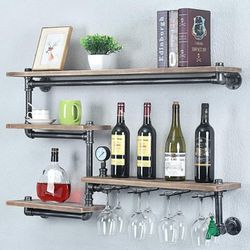 Industrial Pipe Rack, Wine Rack with 4 Stems, Rustic Metal Shelves, Wall Mounted Steampunk Pipe