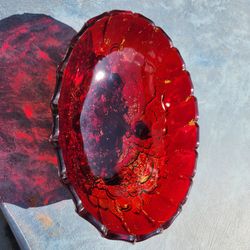 Red Glass Decorative Bowl with Scalloped Edge