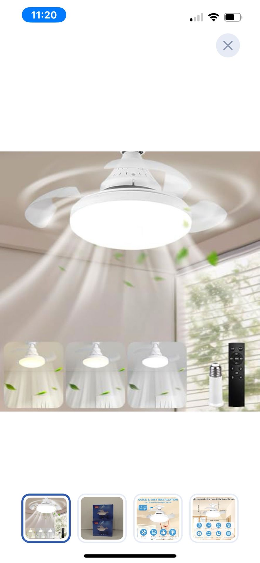 “New”(1 In Stock)Retractable (16”) Smart Socket Ceiling Fan W/remote(retail$79) And 3 Lights,4 Speed,