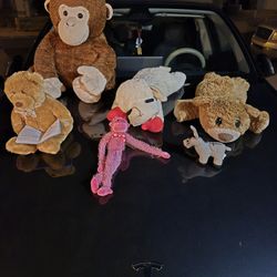 7 Plushies - Giant Sitting Monkey, Large Holly Bear, Sitting Christian Bear, Lamb. Teddy Bear, Pink Monkey, Donkey With Cross - Selling ALL!