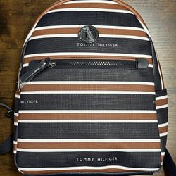 Tommy Hilfiger Striped Backpack Shoulder Bag Cognac Blue White Travel Bookbag