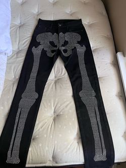 Black Jeans with Rhinestone Skeleton Design