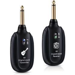 A8 Wireless Guitar System, Built-in Rechargeable Transmitter and Receiver, Stereo Audio, Hand Control, USB Charging, Compatible With Electric Guitar, 