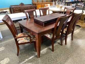 Solid Wood Extendable Dining Table w/ 6 Ikat Upholstered Chairs