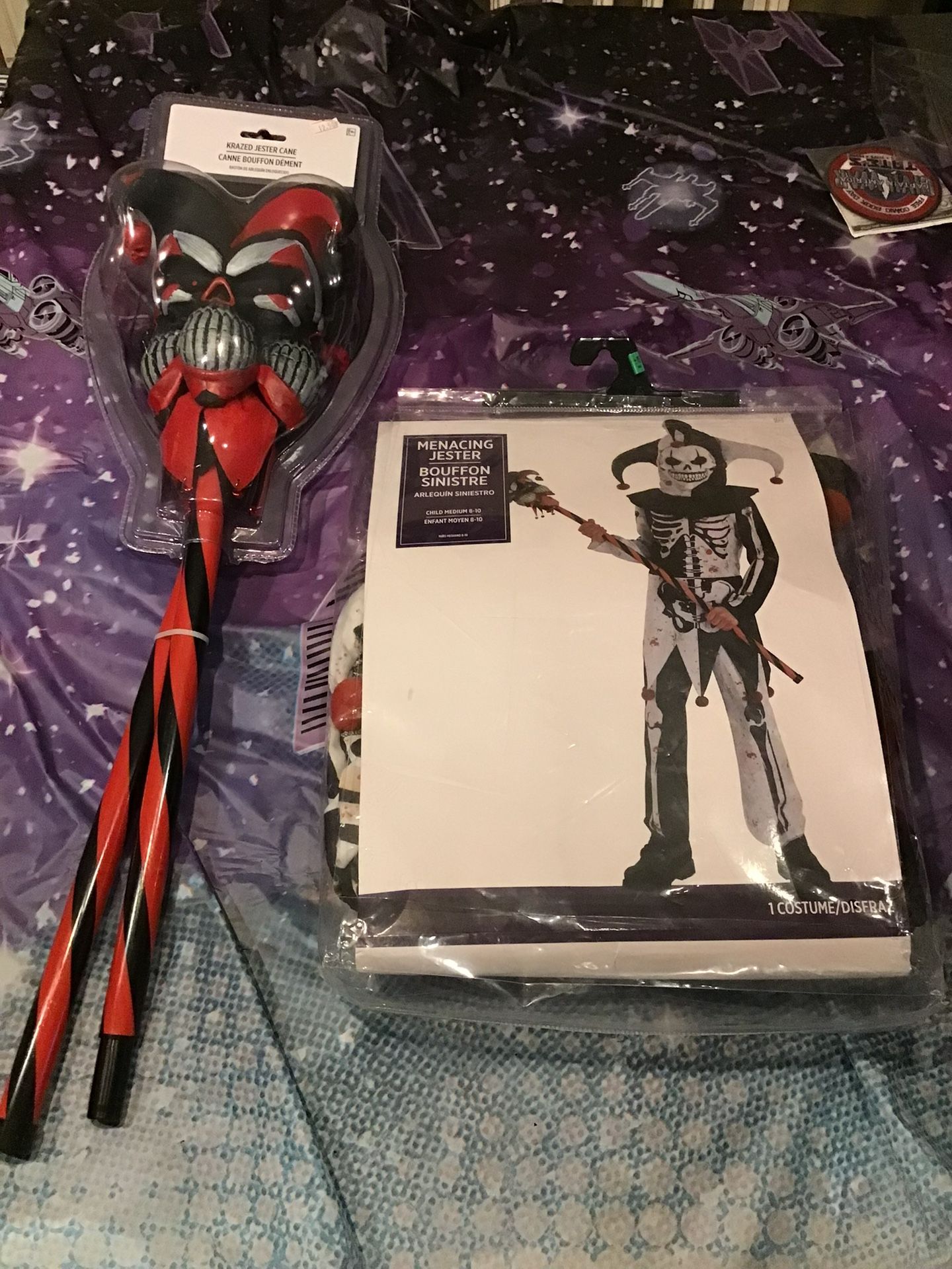Menacing Jester Child Costume Size Medium 8-10 & Krazed Jester Cane -NEW