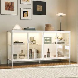 White Wood 55.1 in. W Glass Door Display Cabinets Sideboard With Lights