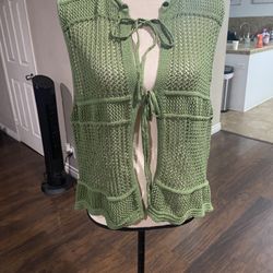 Women's V-Neck Sleeveless Cardigan, Crochet Lace Up Front Sweater Vest