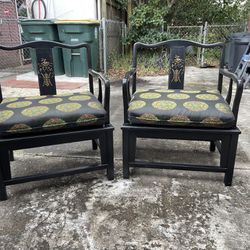 2- Vintage Drexel Heritage Asian Style Oak w/Black Lacquer Living Room Chairs