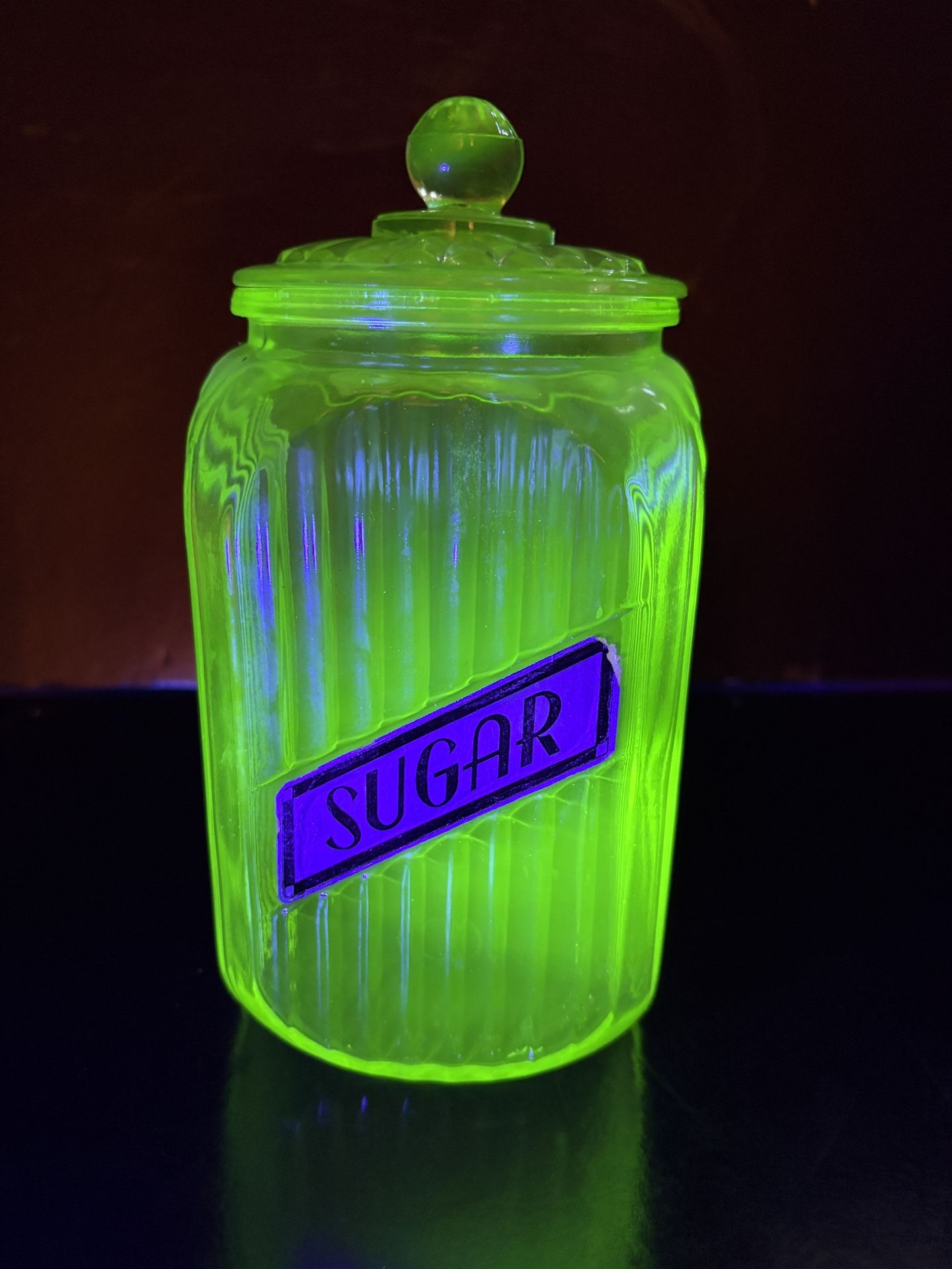 Vintage Vaseline Depression Glass Green Uranium Tall Sugar Canister Jar With Lid excellent condition 