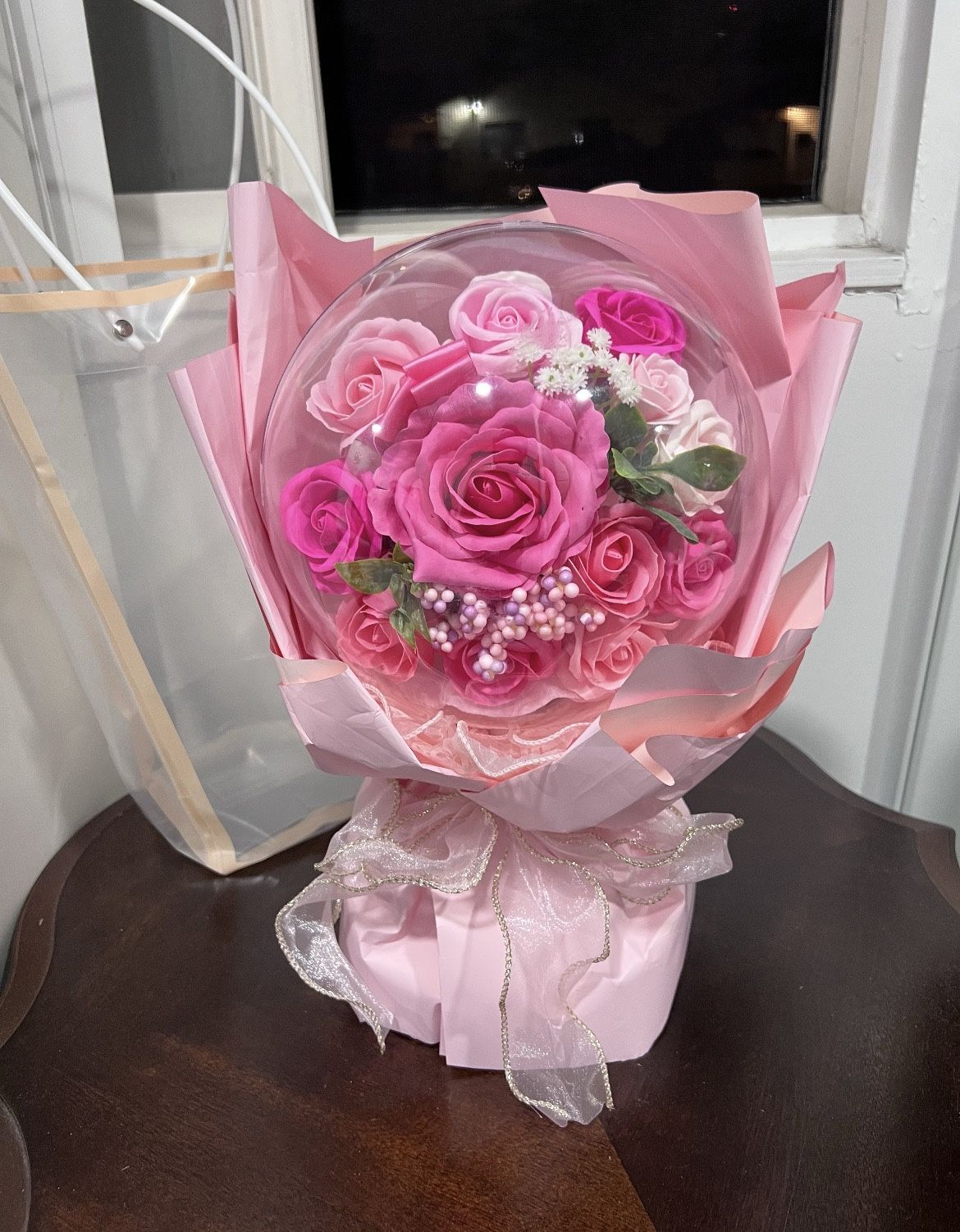 Pink Rose Bouquet in Balloon Wrap