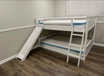 White Wood Twin Bunk Bed with Slide + Mattresses