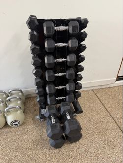 2lb-60lb Rubber Dumbbell Set w/ Vertical Rack (15 pairs)