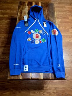 Black Denim Men's Blue Embroidered   Pullover Hoodie. Size X-Large