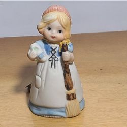 Vtg 1978 Jasco Merri Bells Bisque Porcelain Girl Holding Broom Bell " BEAUTIFUL