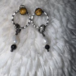 Vintage Sterling Tiger's Eye, Baroque Pearl, and Black Onyx Dangle Earrings 