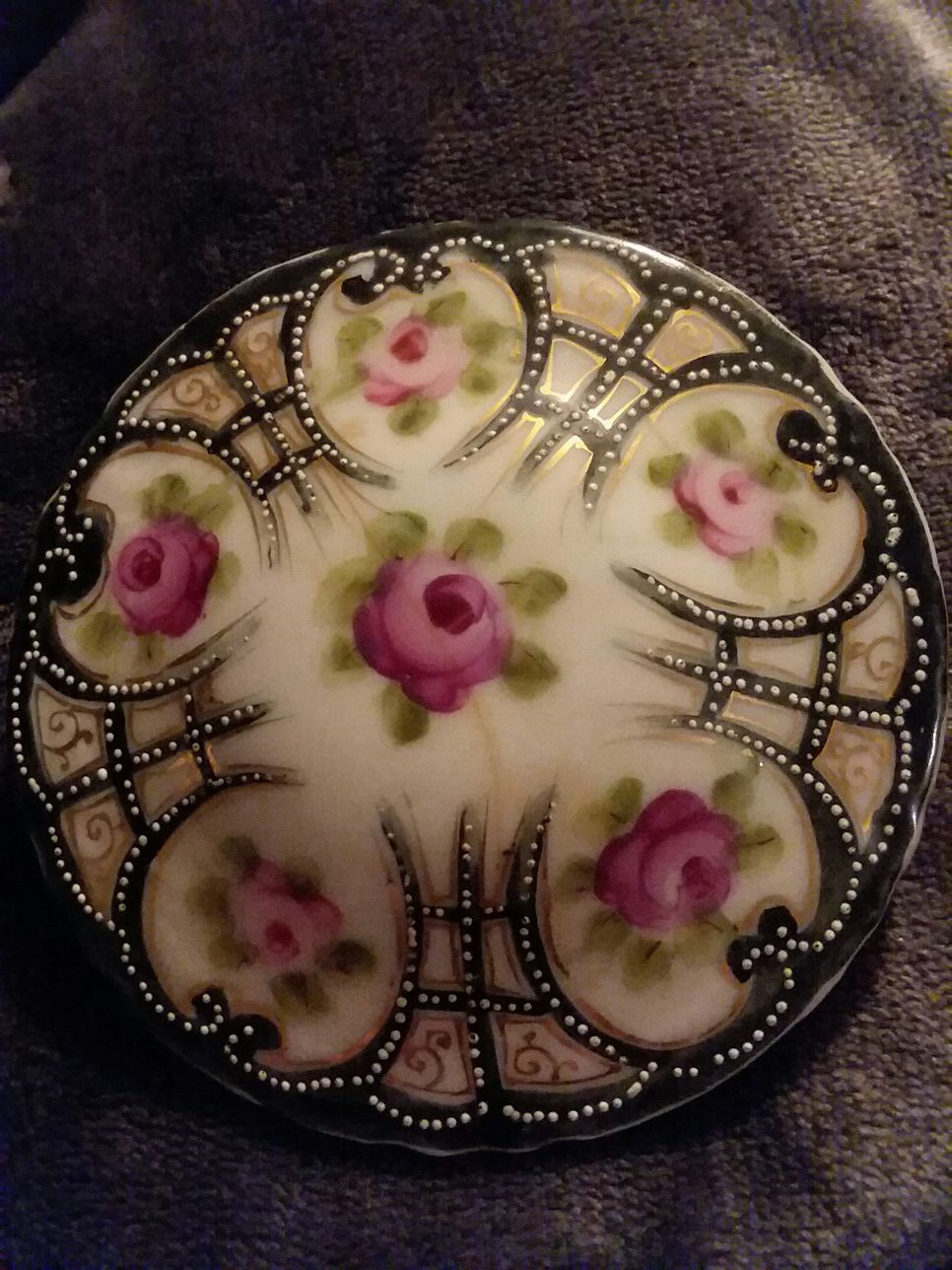 Antique Nippon Hand Painted Porcelain Floral Rose Dresser Jewelry Ring Powder Box Jar