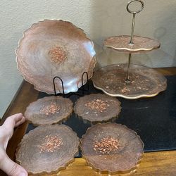 Handmade resin art trays & coaster set - gorgeous gold/copper accents