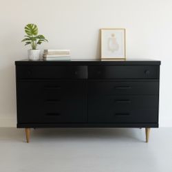 Bassett 6 Drawer Dresser Gloss Black Finish with Black Hardware and Black floral drawer Liner