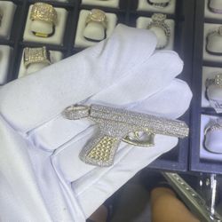 Gold Gun Pendant With Diamonds, 10 Carat 10K Gold 10 K