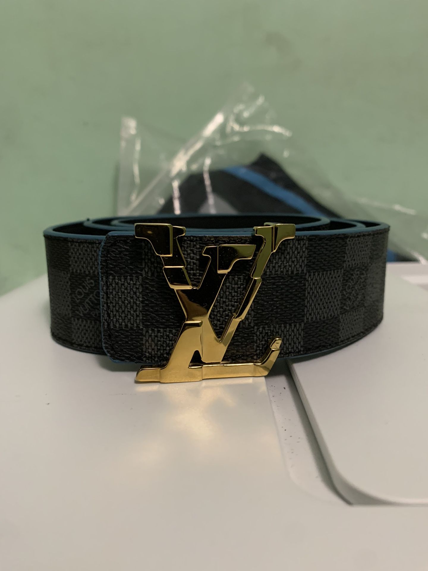 Louis Vuitton Belt Gold Buckle Gray Checkers