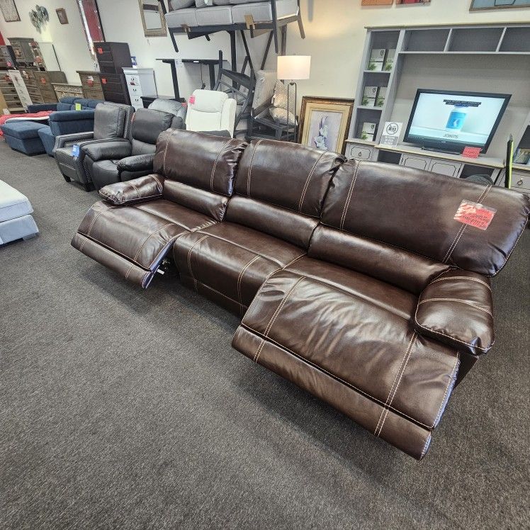 Brown Leather Double Power Recliner Sofa