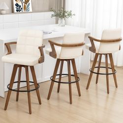 Set of 3”26”” Counter Height Bar Stools,Leather Upholstered Bar Chair, Swivel Bar Stools with Back and Arms，Modern Beige Barstool for Kitchen Island 