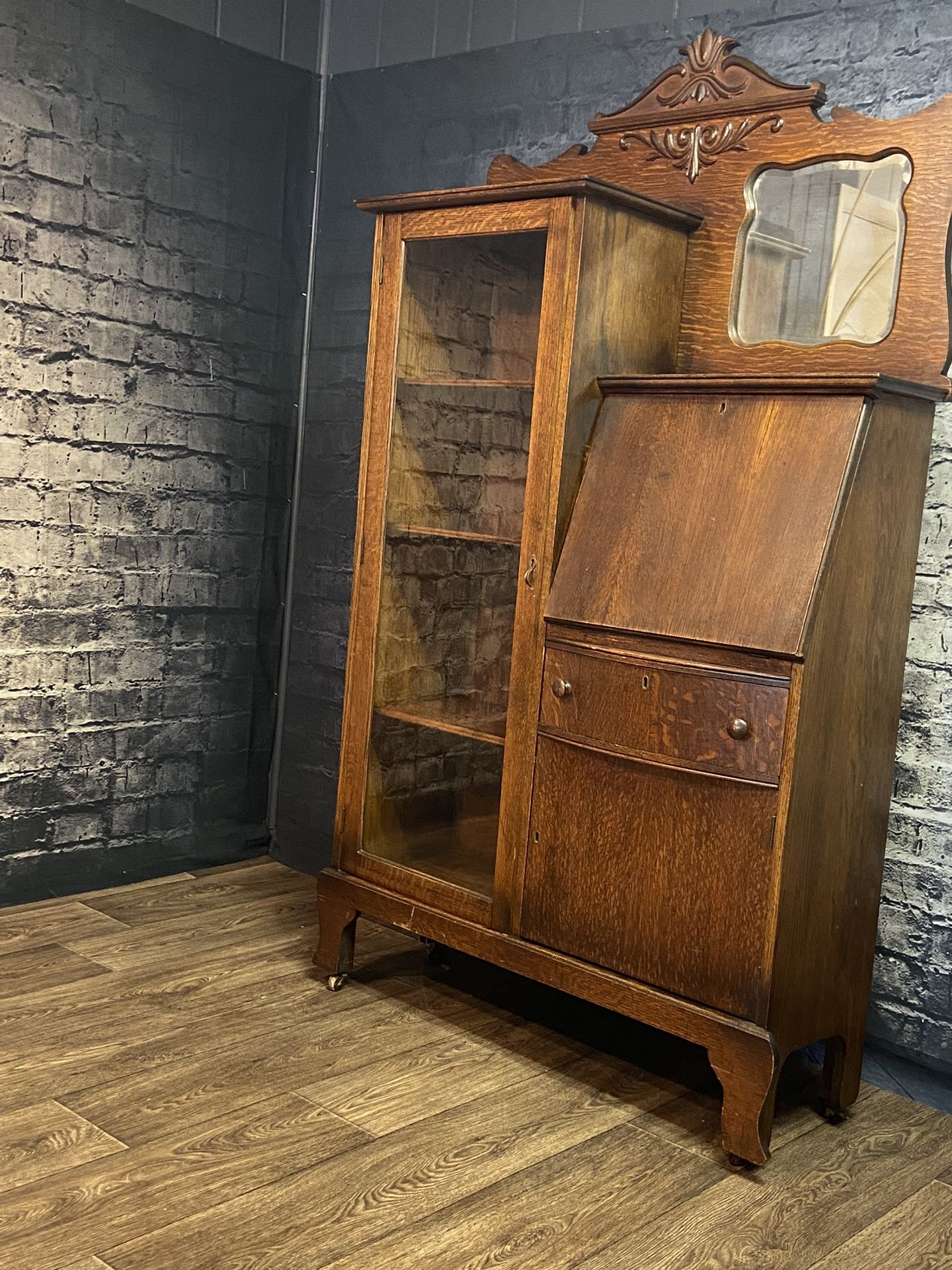 Antique Tiger Oak Secretary Desk with Book Shelves