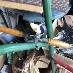 Fishing Reel And Wooden Rod 
