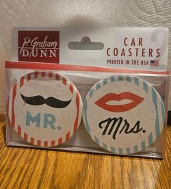 NEW SET OF  2 CAR COASTERS  " MR.  & MRS "  CERAMIC WEDDING DRINK CAR COASTERS