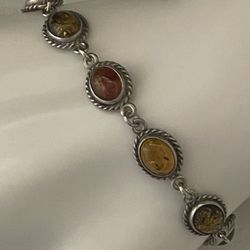 Sterling Silver ~8x6mm Amber Cabochon Cable Twist Detail Bracelet 8"