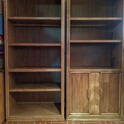 Two Solid Oak Bookcases With Lights / Display Shelves