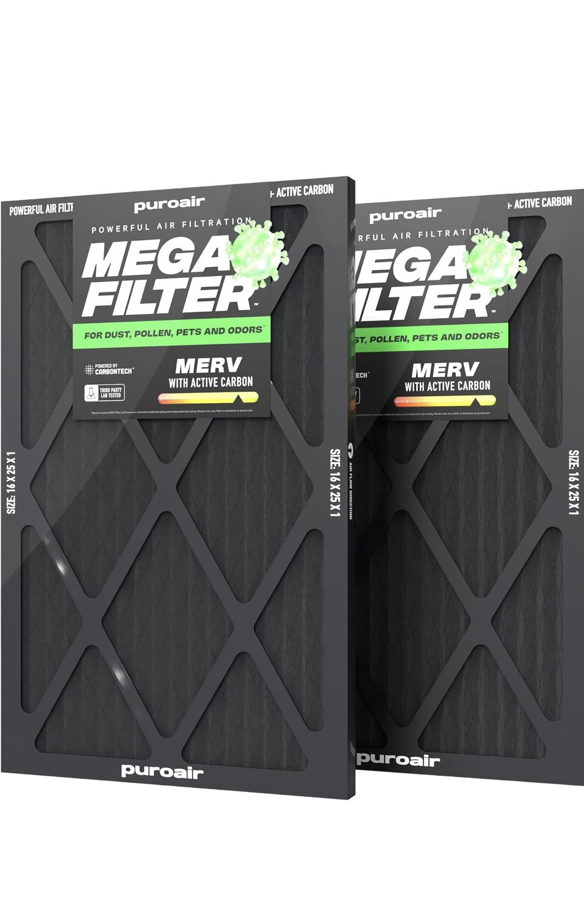 PuroAir Mega Filter - MERV 13 16x25x1 Air Filters For Home With Activated Carbon - Filters Allergens, Pet Dander, Smoke, Dust - Furnace and AC Filters
