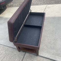 Brown, Leather And Wood Ottoman With Storage