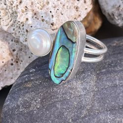 Natural Abalone Shell & Pearl Sterling Silver Ring Sz 8