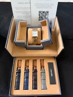 Cascalia Arco Gold Watch (Tank Style) with Multiple Leather Straps Set