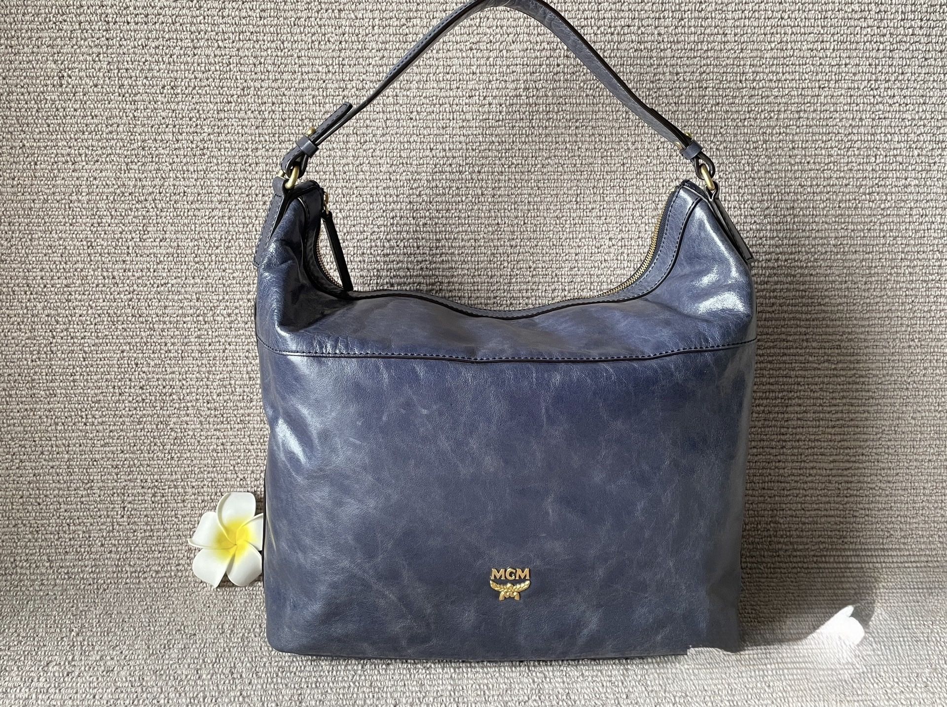 Auth MCM large grey-blue shoulder tote bag