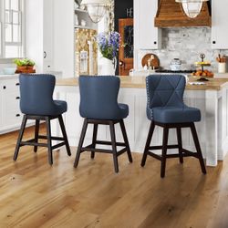 26''H Modern Faux Leather Swivel Bar Stools, Blue (Set of 3)