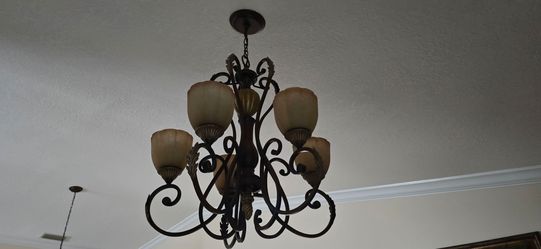5-Light Bronze Scroll Chandelier with Glass Shades
