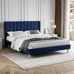 King size Upholstered Platform Bed With Headboard & Footboard velvet blue