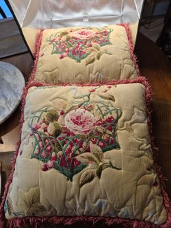 Two vintage quilted floral throw pillows
