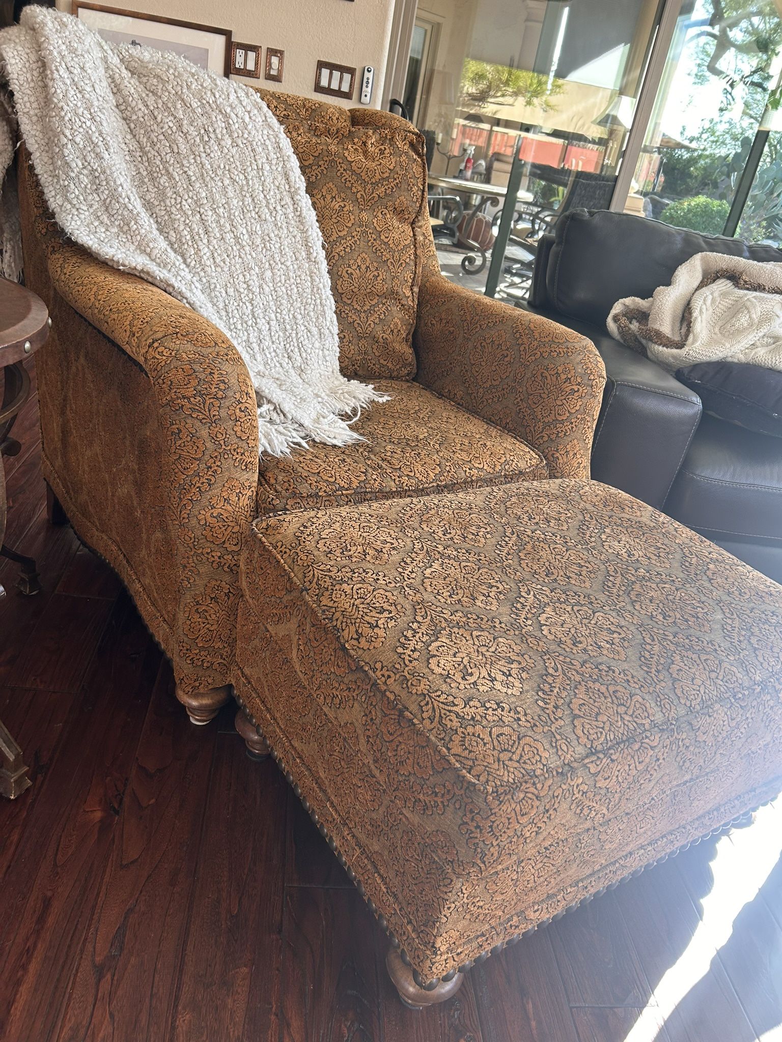 High Back Brown And Black Fabric Chair With Ottoman