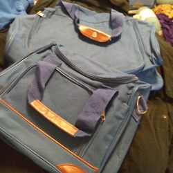 Brand new 2 pc blue tote bags w/leather trim