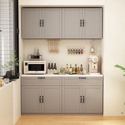 63" Modern Minimalist White/Gray Kitchen Sideboard Storage Pantry Cupboard with Spacious Countertop