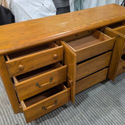 Solid Honey Oak Dresser Stanley With Nine Drawers And Three Behind Cabinet.