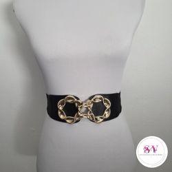 Black stretchy waist belt with gold buckle
