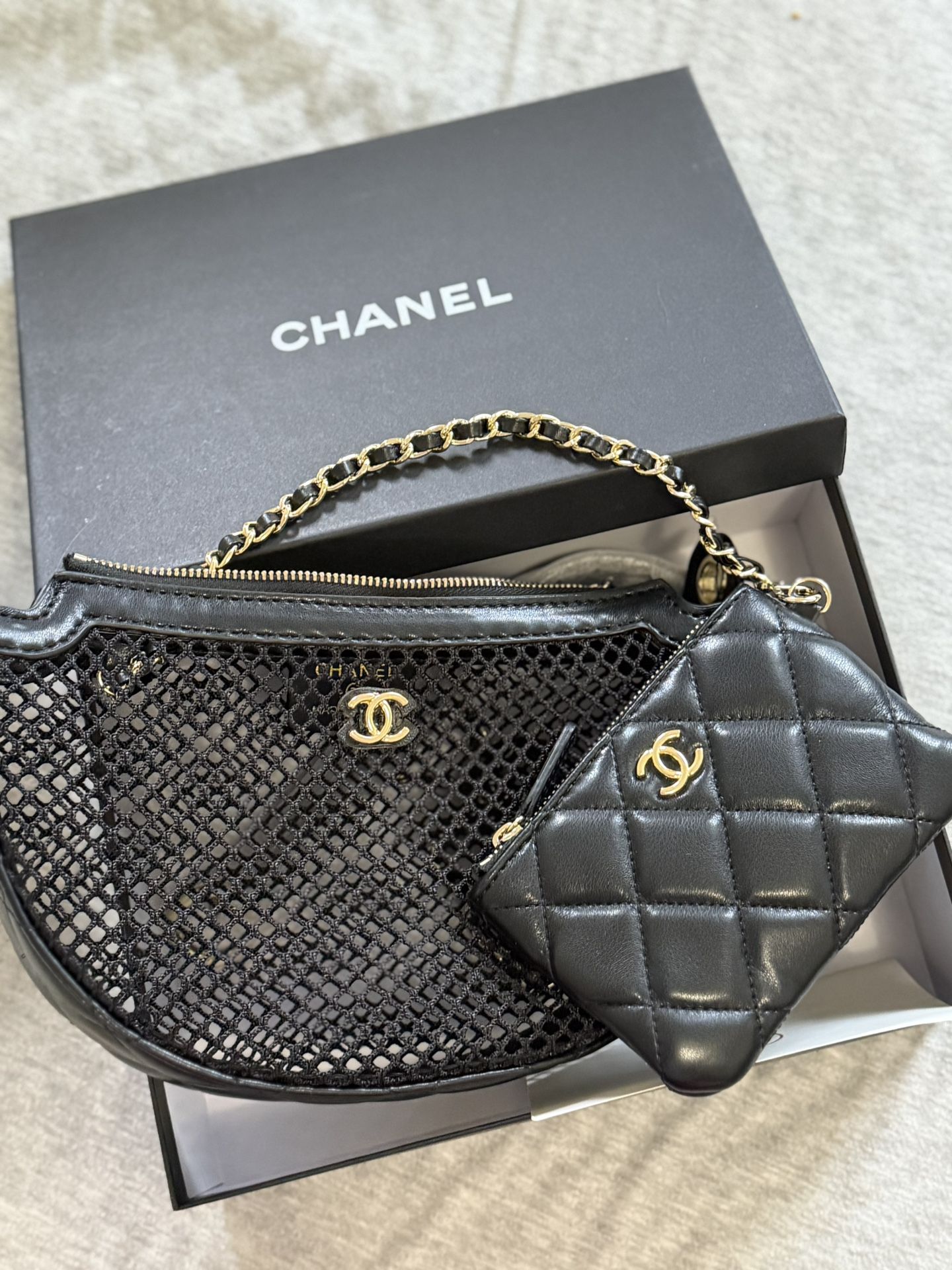 AUTHENTIC GWP Chanel black mesh crossbody / shoulder bag with coin purse